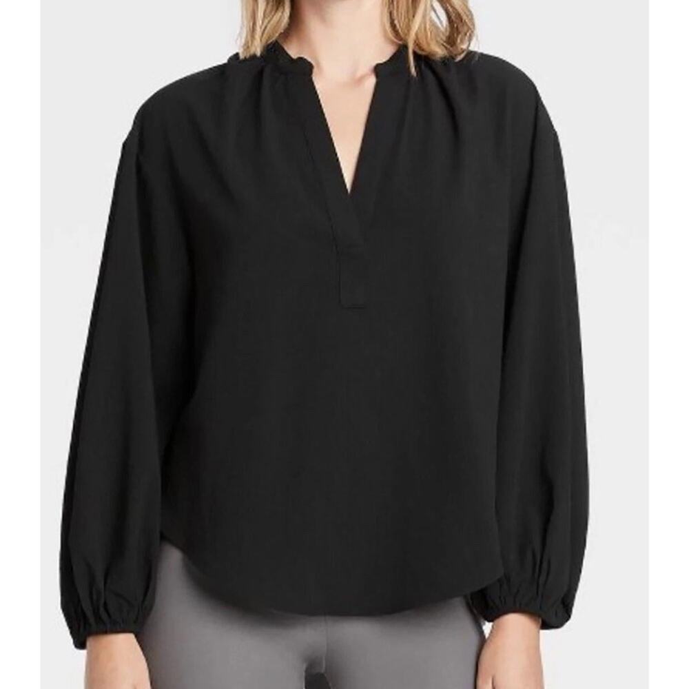 A New Day Balloon Long Sleeve Popover V Neck Peasant Boho Blouse Top Black Small